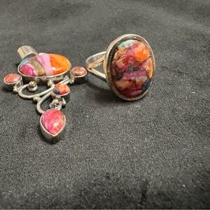 Pink turquoise ring and pendant silver